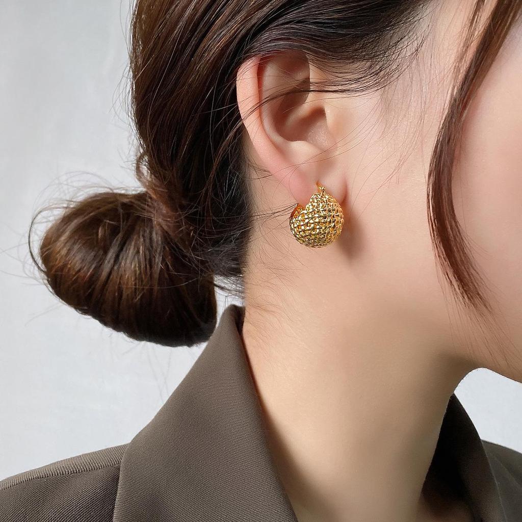 French Retro Korean-Style Heart & Ball Woven Gold-Plated Earrings