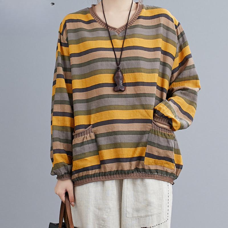 Women's Fashion Casual Spring Autumn Stripe Print Long Sleeve V-Neck Blouses & Shirts