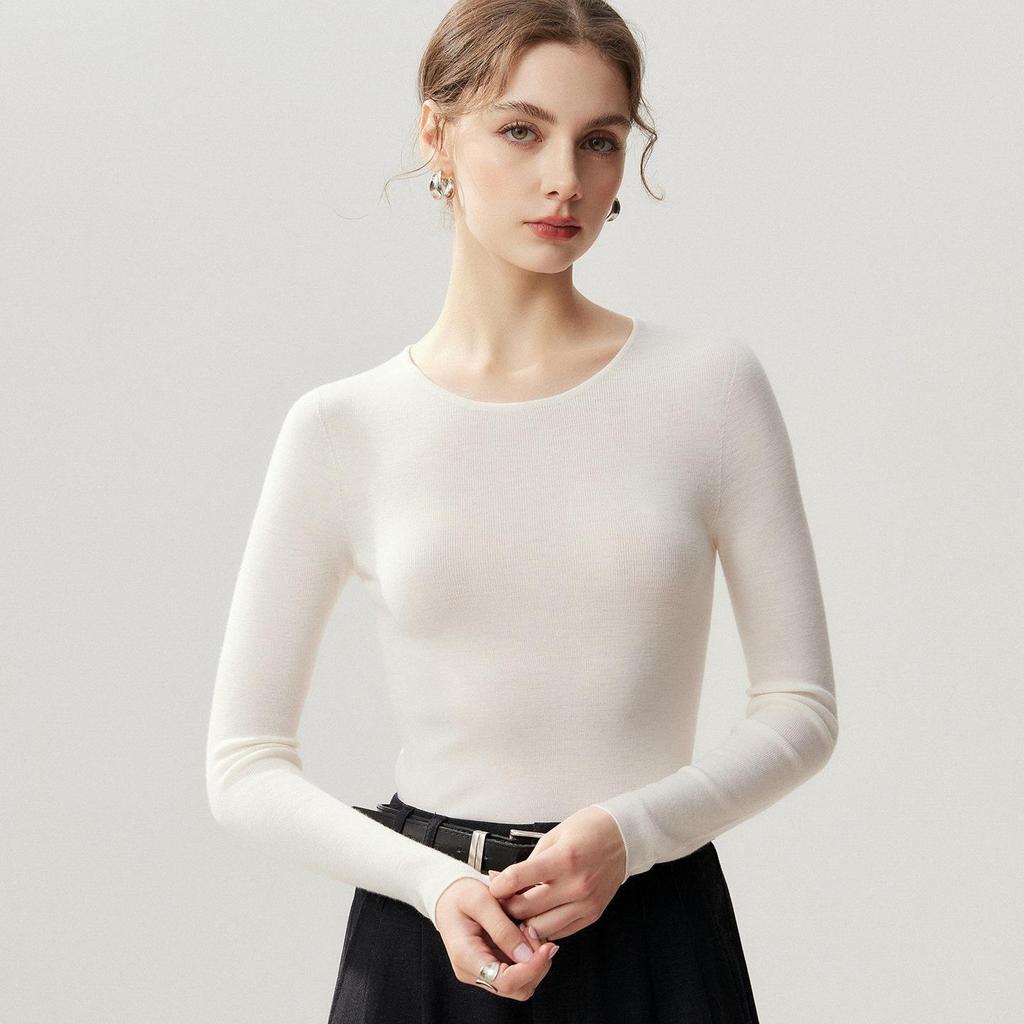 Premium Slim-Fit 100% Pure Wool Women's Round Neck Knit Sweater - Perfect for Autumn and Winter 