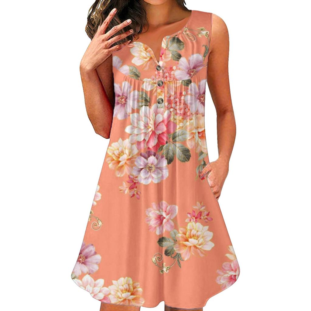 Fashion Women V-neck Printing Sleeveless Tunic Dresses Plus Size T-shirt Dress