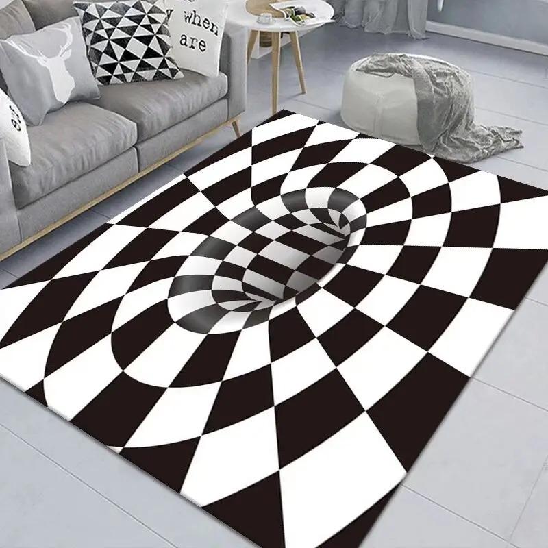 Large Size Carpet 3D Vortex Illusion Black White Rug Abstract Geometric Optical Mat Non-Slip for Bedroom Living Room Decoration
