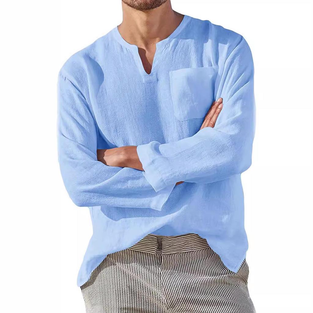Fashion Men's Long Sleeve V-Neck Casual Beach Linen Shirt Men's Tops