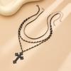 Gothic Dark Imitation Crystal Beaded Cross Pendant Necklace Women'S Retro Multi-Layer Necklace