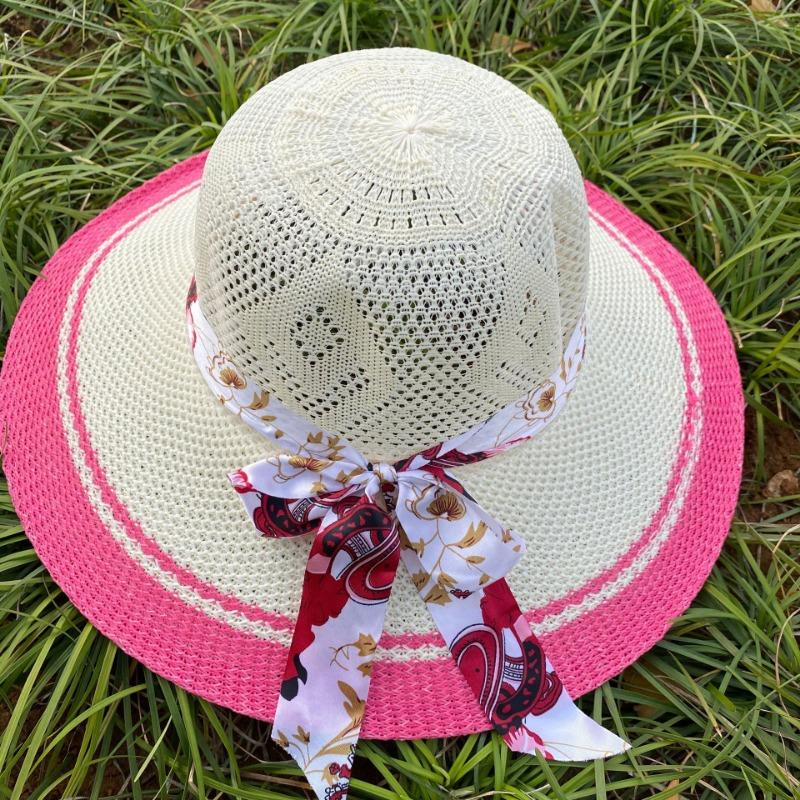 Mesh Vacation Bow Ribbon Straw Hat Ladies Color Sunscreen Breathable Big Brim Sweet Sun Hat