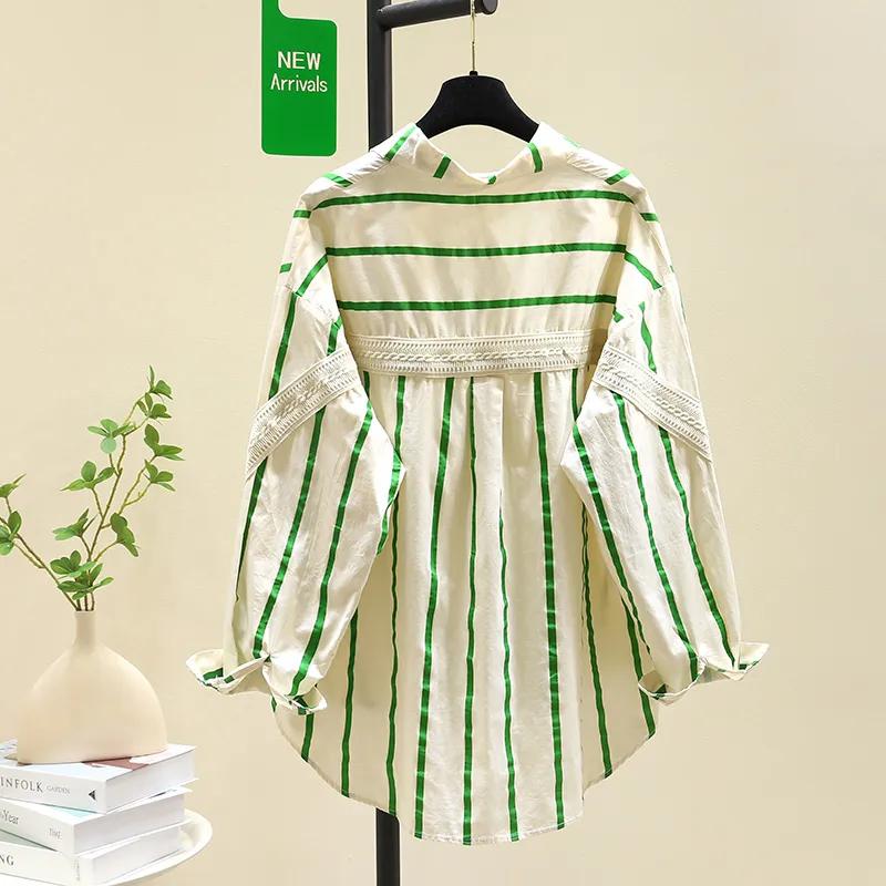 Women's Spring and Autumn Long Sleeved Medium Length Striped Shirt Casual Korean Loose Aging Shirt