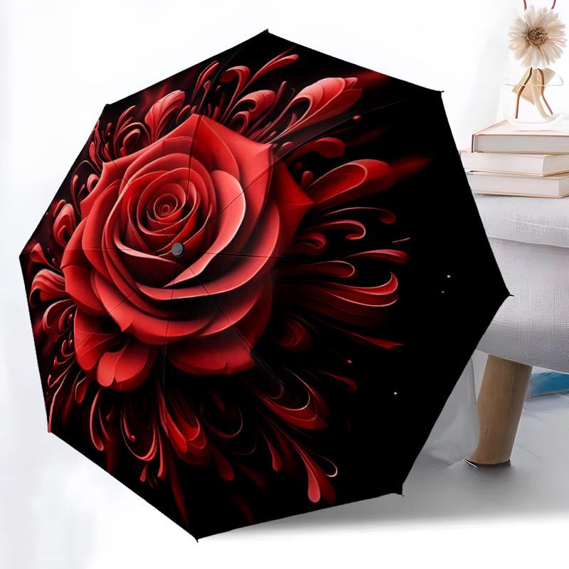 1pc Rose Floral Pattern Automatic Folding Umbrella, 8-Rib Iron Frame, Casual Outdoor Accessory for Birthday Festival Gifts Yy251128185
