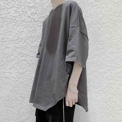 Short-sleeved T-shirt Men's Summer Loose Cotton Japanese Hem Split Off-shoulder Five-point Sleeves