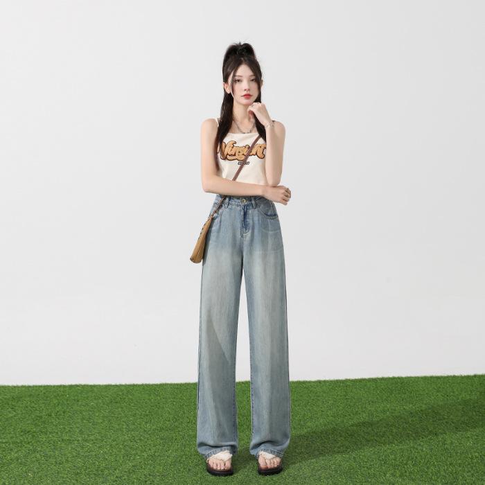 

Теннисные джинсы для женщин летом Тонкие свободные облегающие брюки Ice Silk Wide-Bar для женщин летом Прямые брюки для женщин летом 2XL