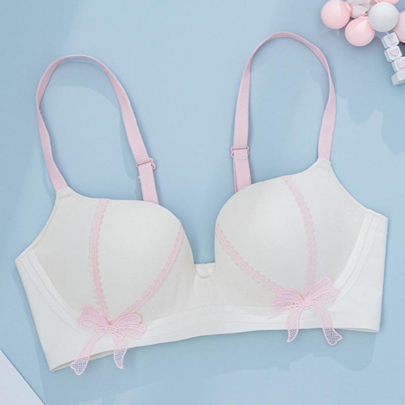 Seamless Girly Bow Lace Gathered Bra with Thin Top and Thick Bottom Side Lift and Anti-sagging Bra