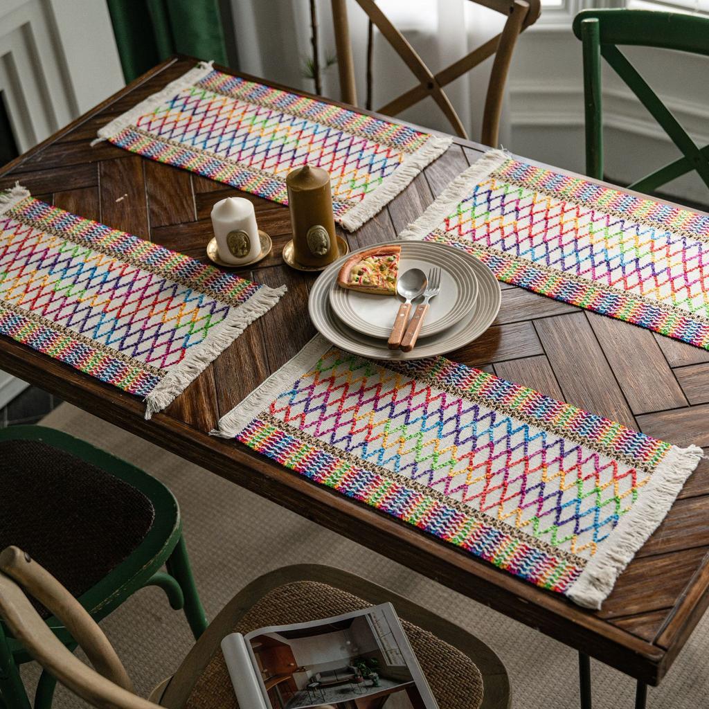 Linen Cotton Stitching Table Runner Dinning Table Decoration Two-color Woven Tassel Natural Material Wedding Decor Table Runners