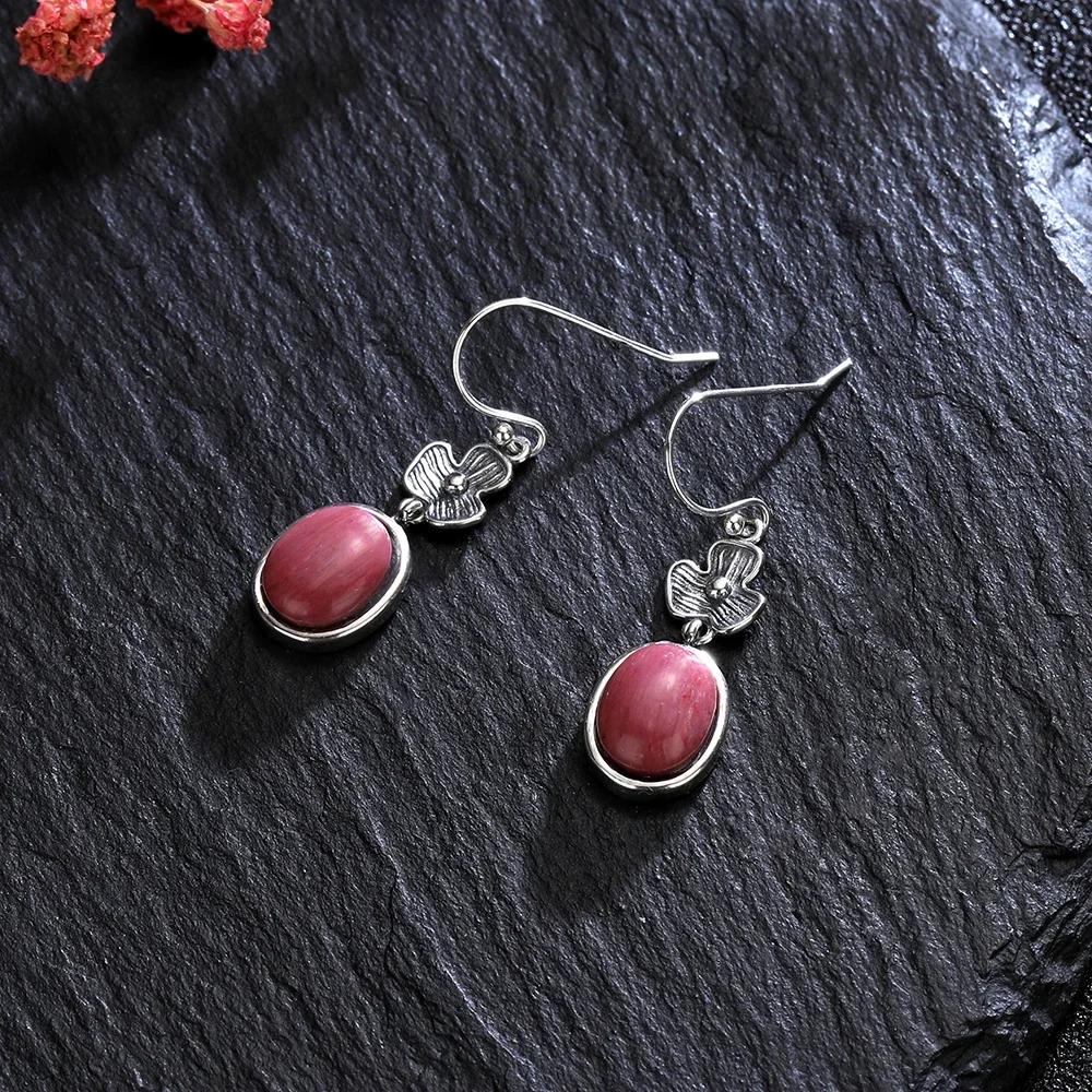 Vintage Earrings Natural Oval Tiger's Eye Stone Flower Shape S Silver Earring for Women Rhodochrosite Fine