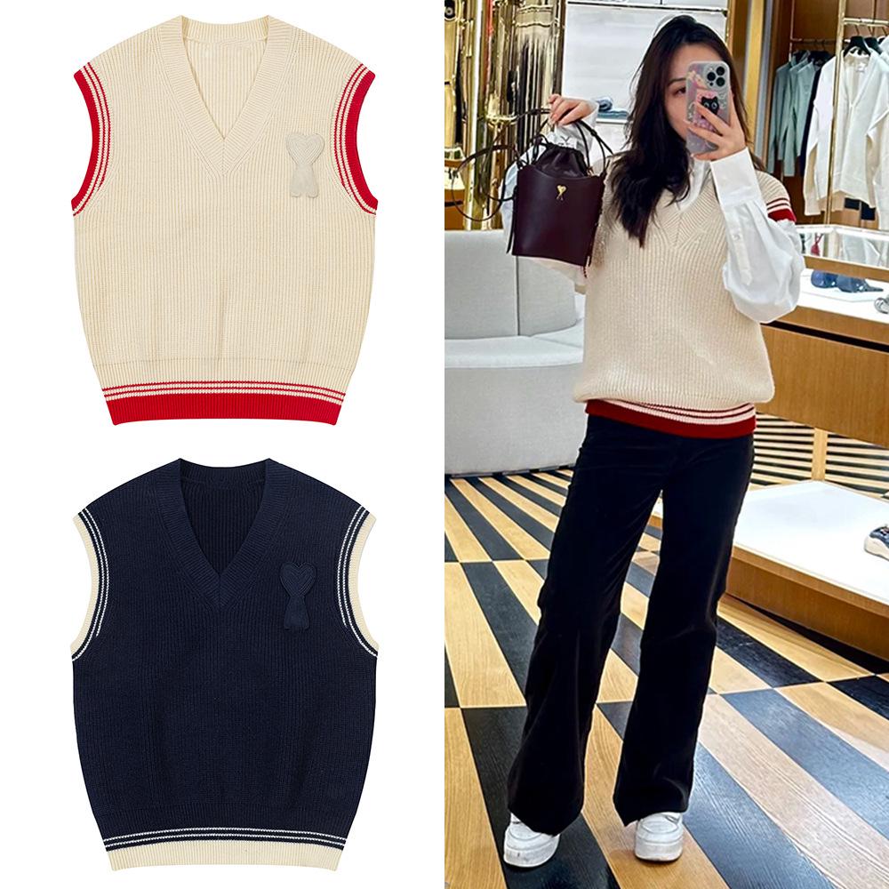 AMI ANCIENT Unisex V-Neck Love Letter Knit Vest - Autumn/Winter Color Block
