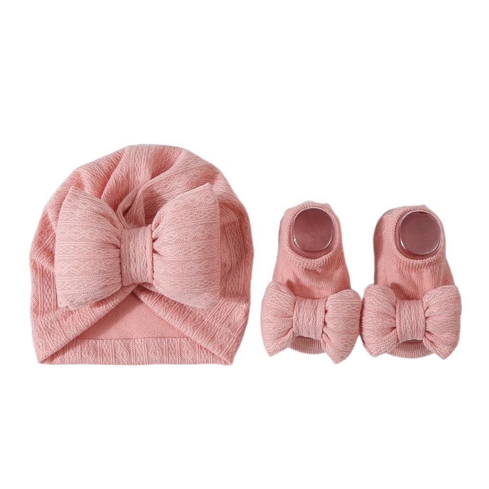 3Pcs/Set Bow Baby Hat Socks Set Cotton Newborn Turban Hat Cute Baby Fetal Cap  Autumn розовый