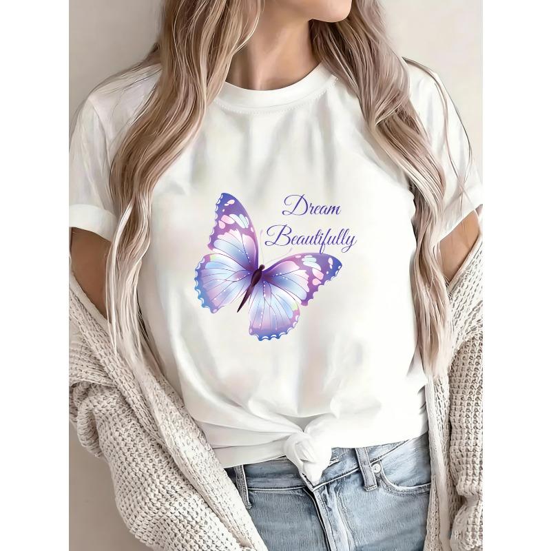 Women Casual T Shirt White Butterfly Dream Beautifully Print Summer Top For Everyday Wear