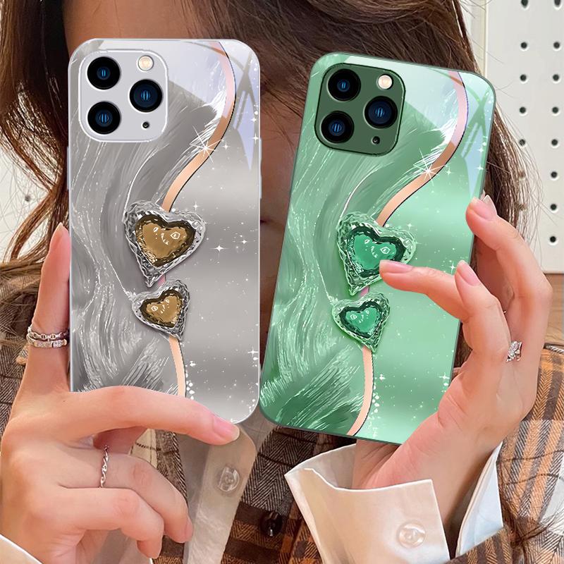 Amber Double Love Für IPhone 16 Pro Max 15 Pro 14 13 12 Mini 11 XS Max XR 7 8 Plu SE 2022 Hartglas Handyhülle
