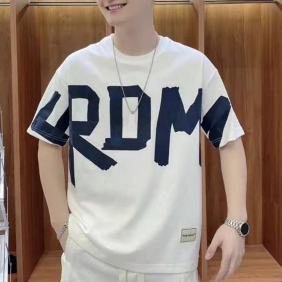 Summer Men T-shirt Letter Print Loose Round Neck Short Sleeves Loose Casual Pullover Youth Student Teenager Daily Wear Sport Top
