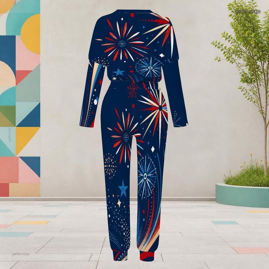 Women Plus Size Printed Round Neck Long Sleeve Cuffed Top And Cuffed Pants Two Piece Set With Pockets