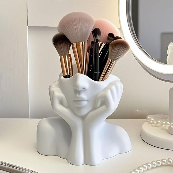 Face Shaped Makeup Brush Holder Organizer Female Form Head Half Body Cosmetic Tools Storage Cup Abstract Art Desk Pen Holder for Home Office Decor