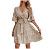 Women V Neck Belted Dress Short Sleeve Wrap Style Casual Loose Fit Printed Summer Dress with Waist Tie