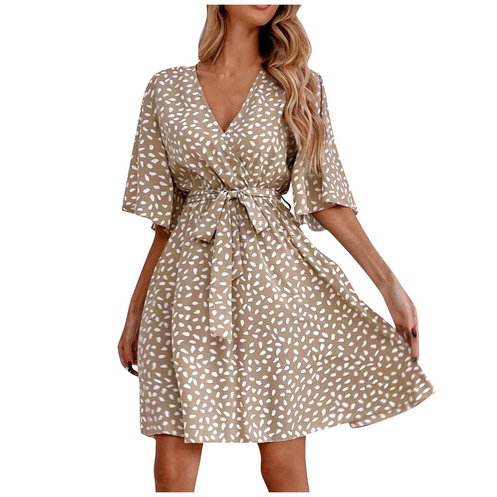 Women V Neck Belted Dress Short Sleeve Wrap Style Casual Loose Fit Printed Summer Dress with Waist Tie