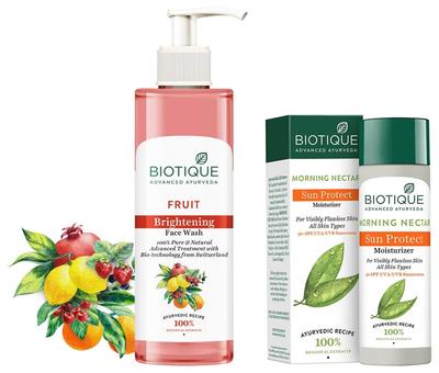 Biotique Fruit Brightning Face Wash, 200ml & Biotique Morning Nectar Sun Protect Moisturizer For Visibly Flawless Skin All Skin Types, 120 Ml