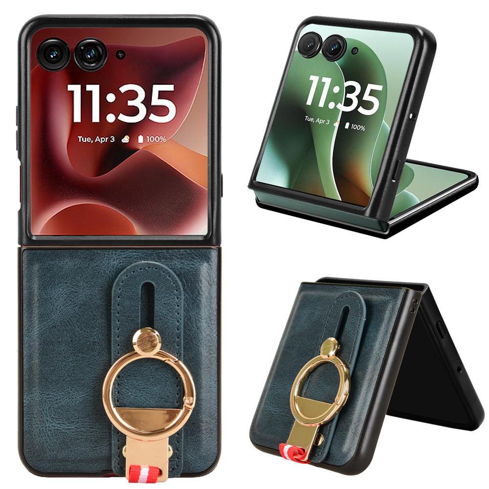 

Чехол для Motorola Razr 60 Ultra 5G с браслетом-подставкой, кожа+ПК+ТПУ, чехол для телефона с открывалкой для бутылок Blue
