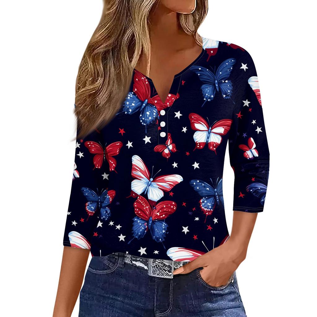 Women's T Shirt Print Button 3/4 Sleeve Daily Weekend Fashion Basic V- Neck Regular Top