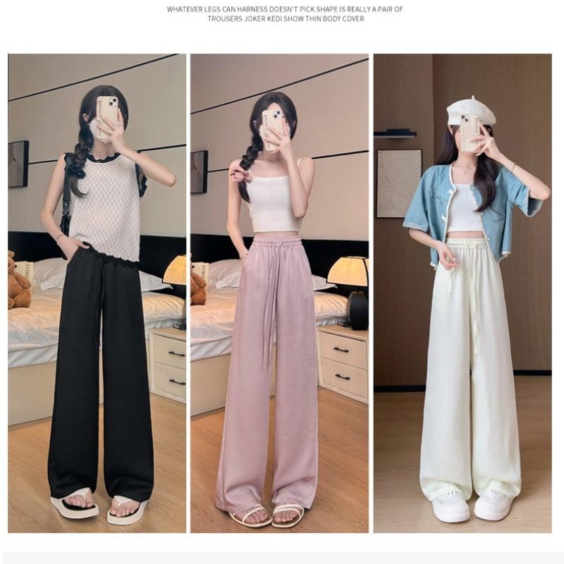 White wide-leg pants women's summer new high-waisted and thin casual pants acetic acid mopping ice silk pants