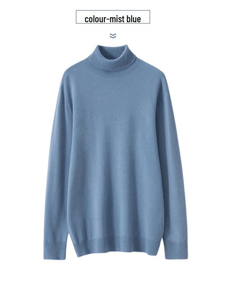 Men's Plus Size High Neck 100% Pure Wool Sweater - Loose Fit, Solid Color Pullover Knitwear