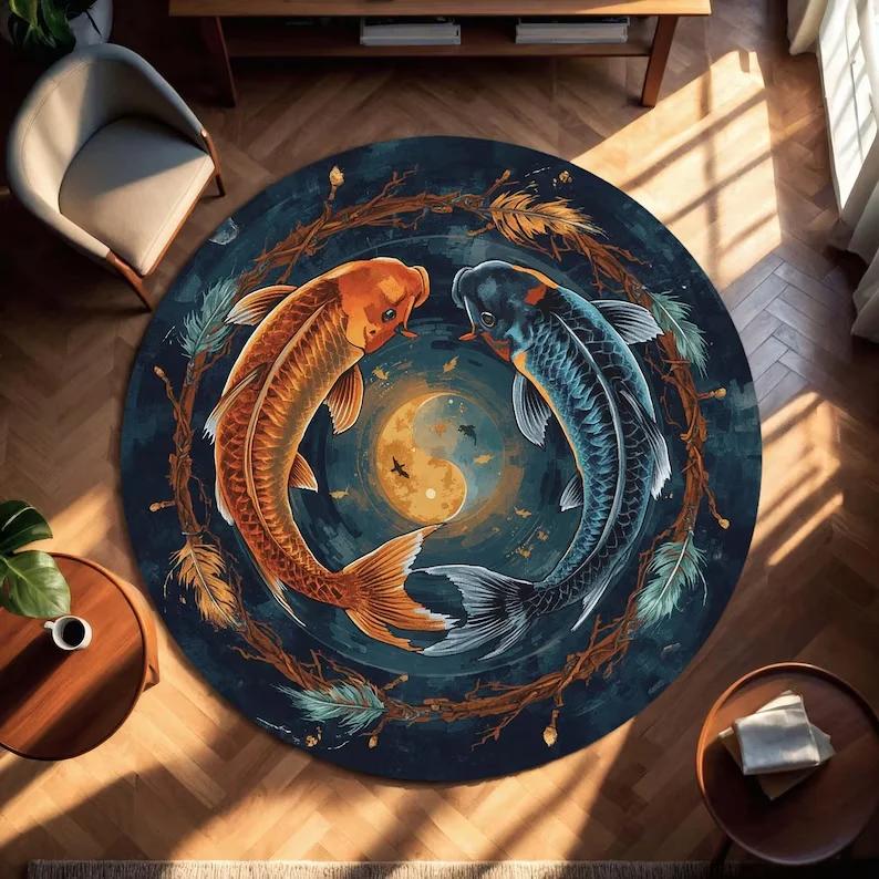 Koi Fish Round Rug Japanese Style Flannel Area Carpet with Water Waves Koi Fish Japanese Rug Mat Koi Fish Home Decor Fish Gift