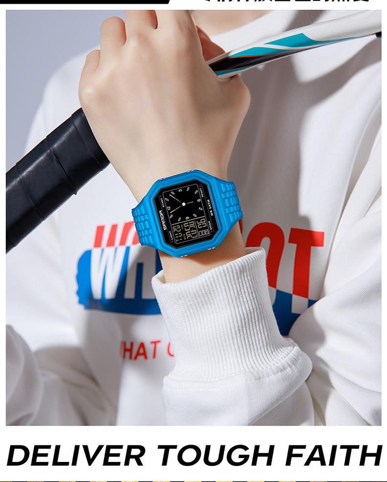 Sanda Creative Square Multifunctional Dual Display Student Watch - Countdown, Alarm, Waterproof, Trendy Electronic Timepiece.