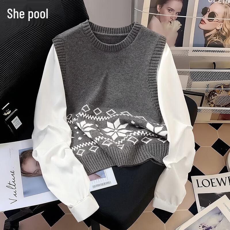 Women s Color Block Fake Two-Piece Knit Pullover One Size