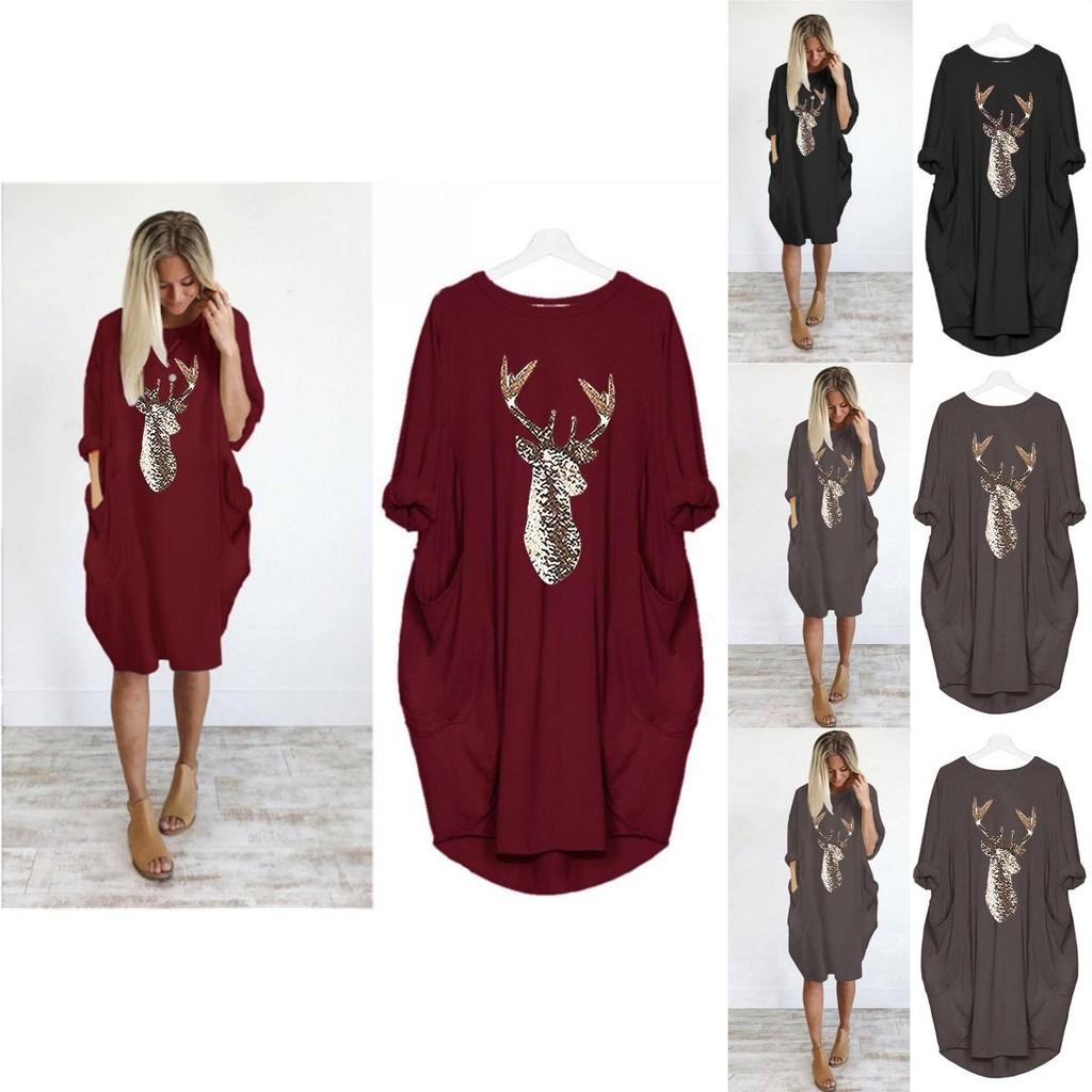 Women's Christmas Deer Pattern Printed Round Neck Dress With Full Sleeves And Stylish Design