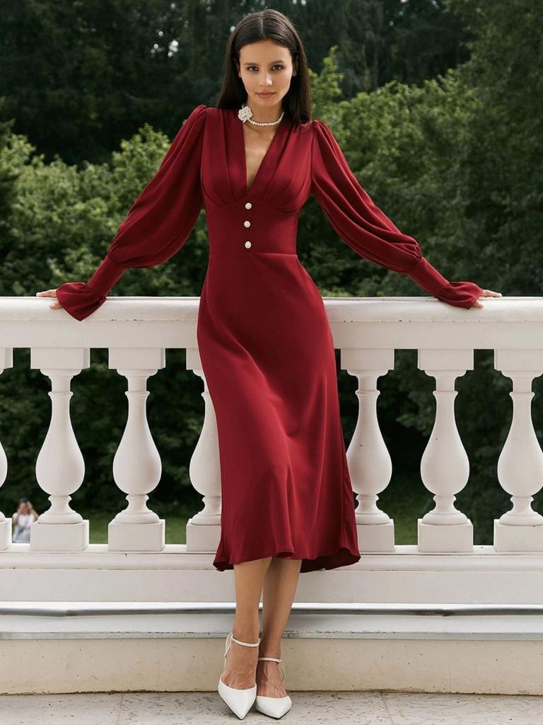 V-neck Slim Fit Women's Dress Chiffon A-line Dress