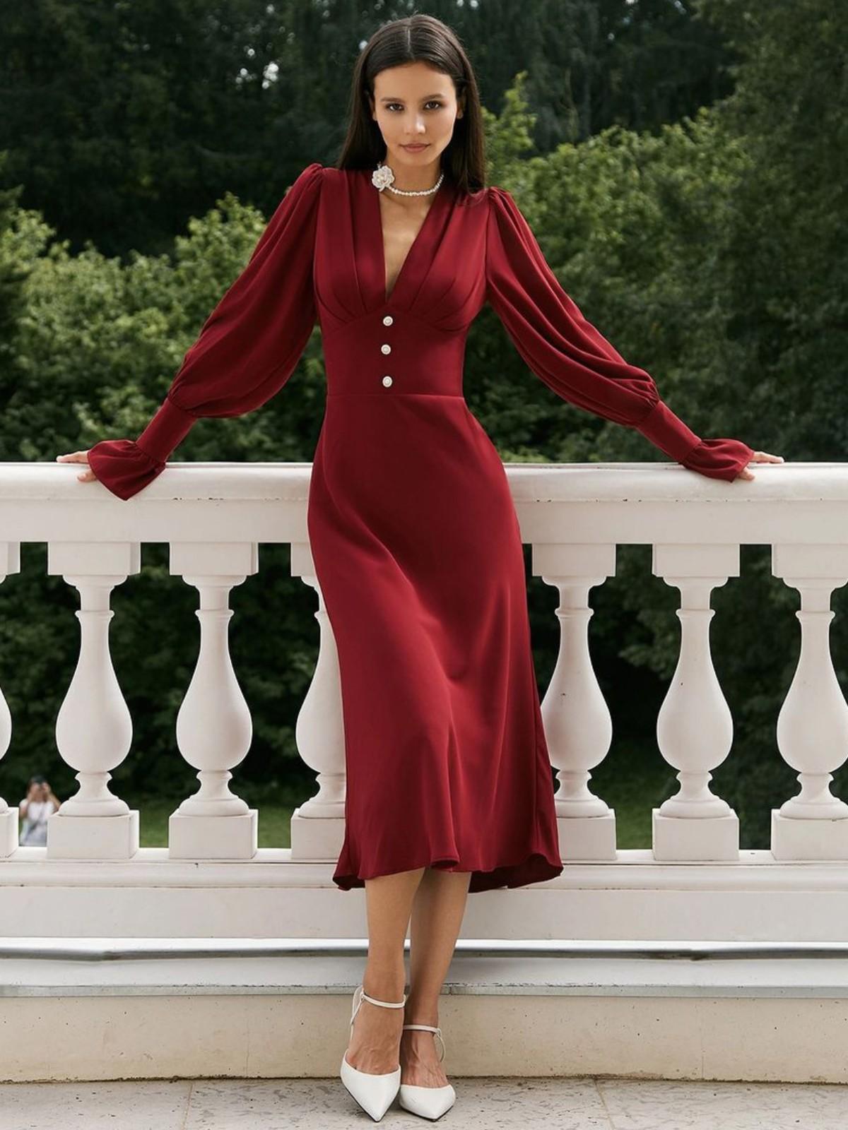 

Платье женское с V-образным вырезом, приталенное, шифоновое, А-силуэта L красный