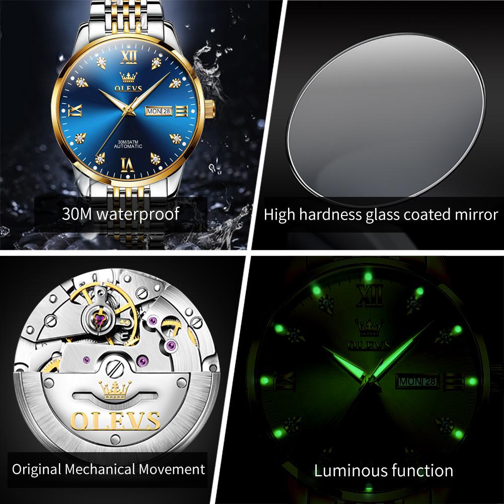 OLEVS Blue Dial Automatic Mens Watches Luxury Business Mechanical Watch Luminous Date Stainless Steel Waterproof Clock Montre