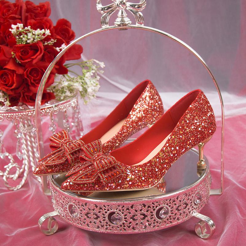 Bling Sequins Red Pumps Women Sexy Crystal Bow Thin Heels Bride Shoes for Wedding Woman Slip-On Shining High Heels Dance Shoes