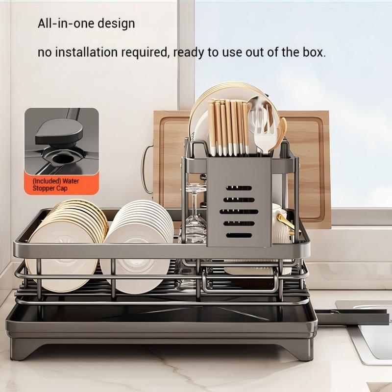 Stainless Steel Dish Drying Rack Adjustable Kitchen Plates Organizer with Drainboard Over Sink Plate Drainer Storage Organizer