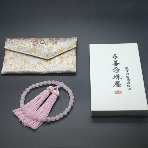 Eizen Nenjuya Women's Handmade Prayer Beads, 8mm Rose Quartz Beads, Gold Brocade Case, Funeral, Wake, or Informal Ceremony.