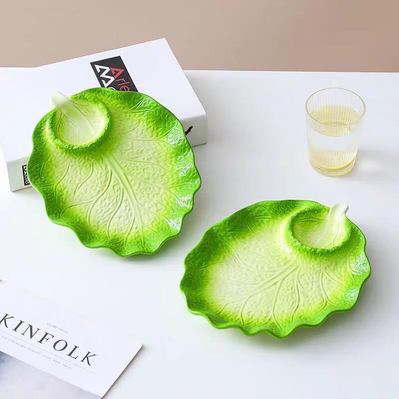 Ceramic Cabbage Dumpling Plate with Vinegar Dish