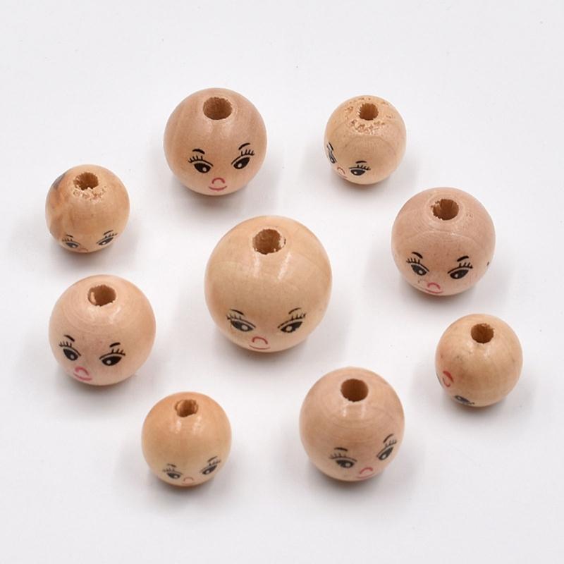20Pcs/set Wooden Doll Head Beads for DIY Jewelry Making and Crafts Cute Smiling Face Loose Beads Wood Round Spacers