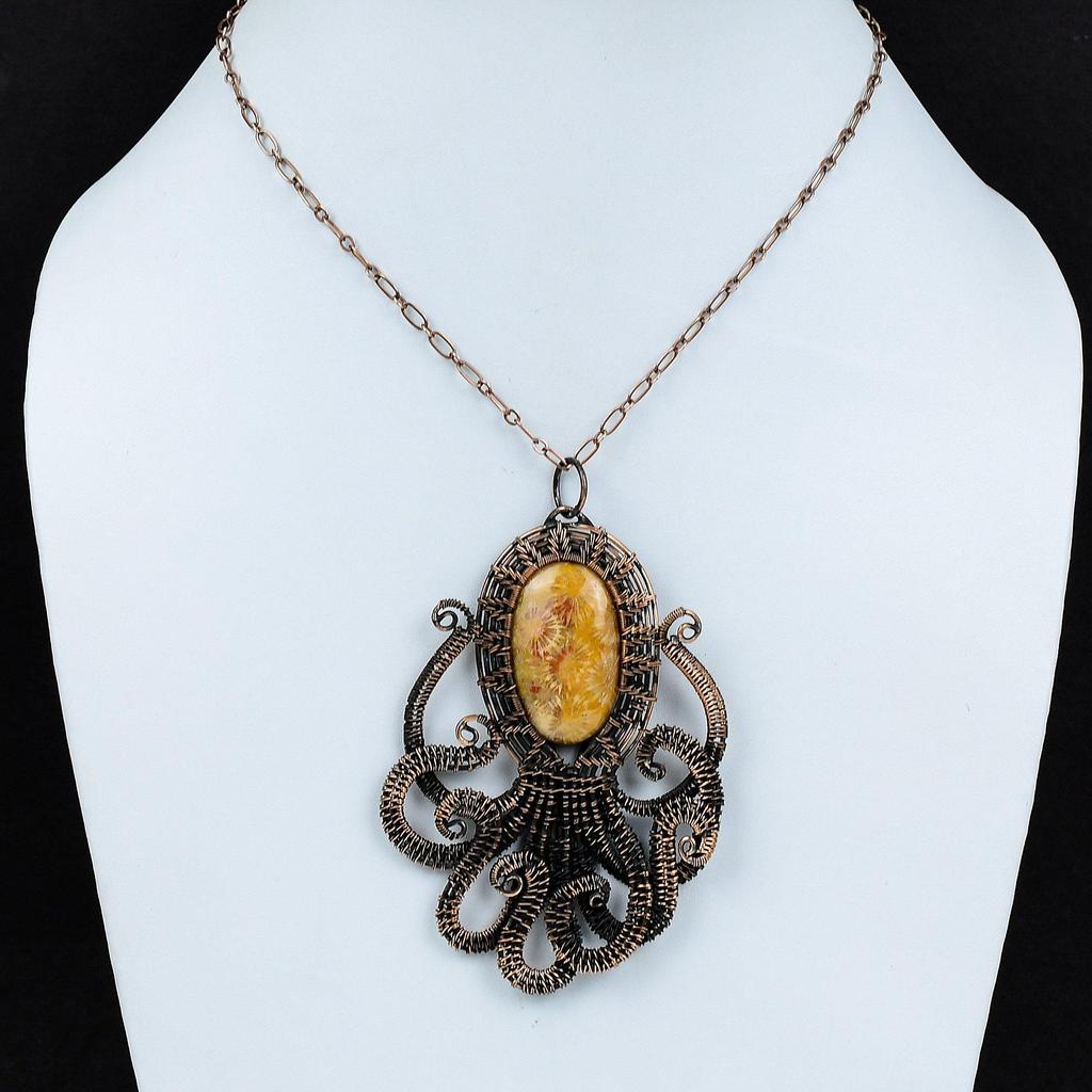 Fossil Coral Pendant Copper Wire Wrapped Pendant Original Gemstone Jewelry Handmade Pendant Gift For Her Copper Wire Jewelry Octopus Pendant