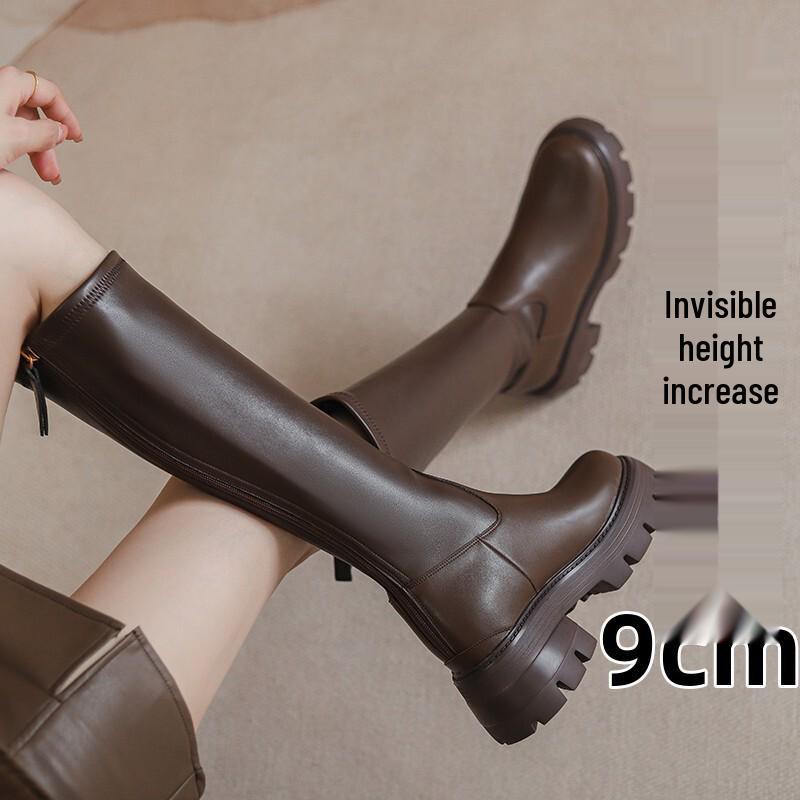 Women's Chunky Heel Long Boots with Hidden Height Increase and Round Toe - Brown, 2024 Style
