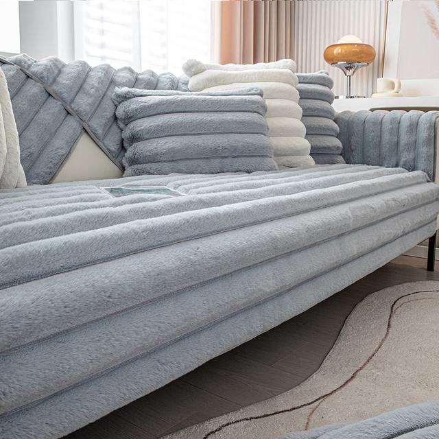 

Thicken Rabbit Plush Sofa Cushion Cover Warm Non-Slip Soft Stripes Dustproof Seat Covers for Living Room 70x70cm