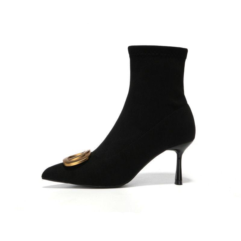 2025 Men's Knitted Stretch Stiletto Boots with Metal Buckle, Slim Fit & Versatile for Autumn/Winter.