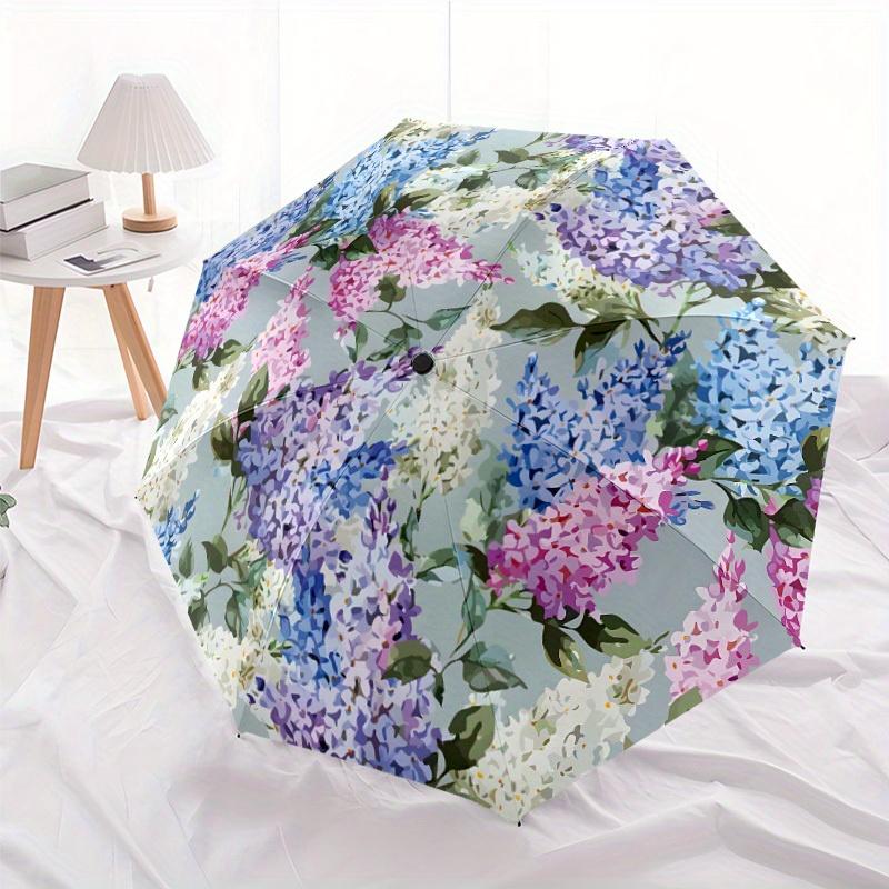 Love Spring Automatic Folding Umbrella - 8-Rib Compact Portable Design, Floral Pattern with Blue Hydrangea & Pink Flowers, Lig