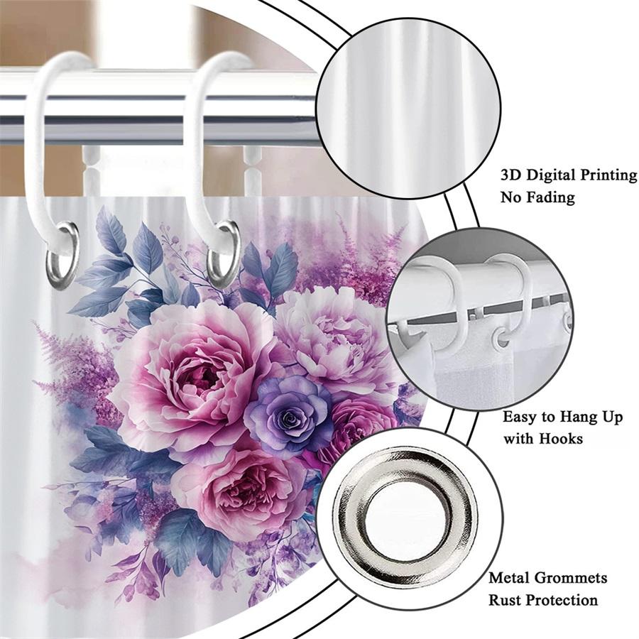 1Pcs Watercolor Pink Purple Rose Shower Curtain, Polyester Fabric, Machine Washable, With Hook, Suitable For Bathroom Decoration