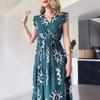 2024 Summer European & American Women's V-Neck Tie Waist Sleeveless Print Dress