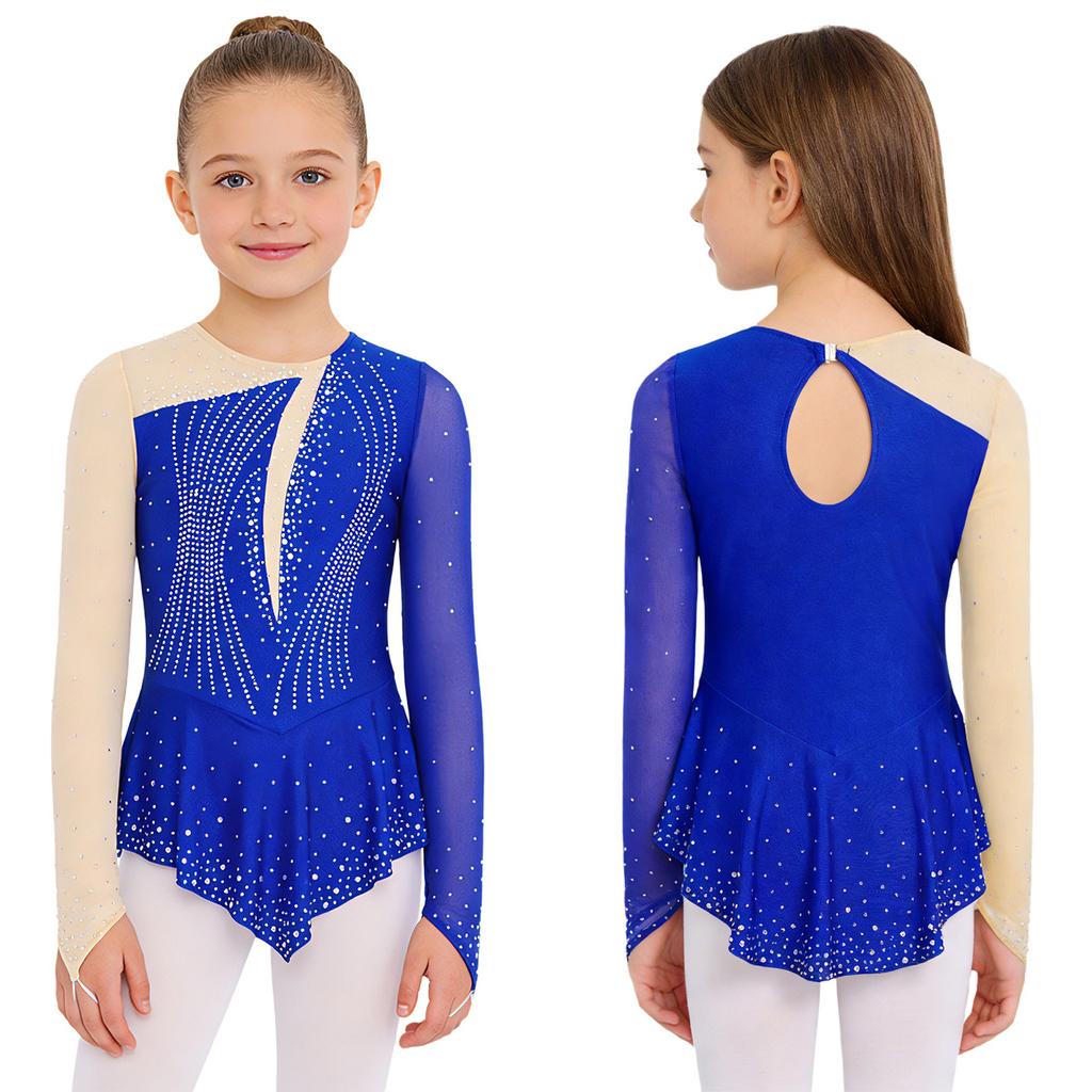 Girls Figure Skating Dance Dress: Long Sleeves Finger Holes Keyhole Back Mesh Patchwork Shiny Rhinestones Asymmetrical Hem