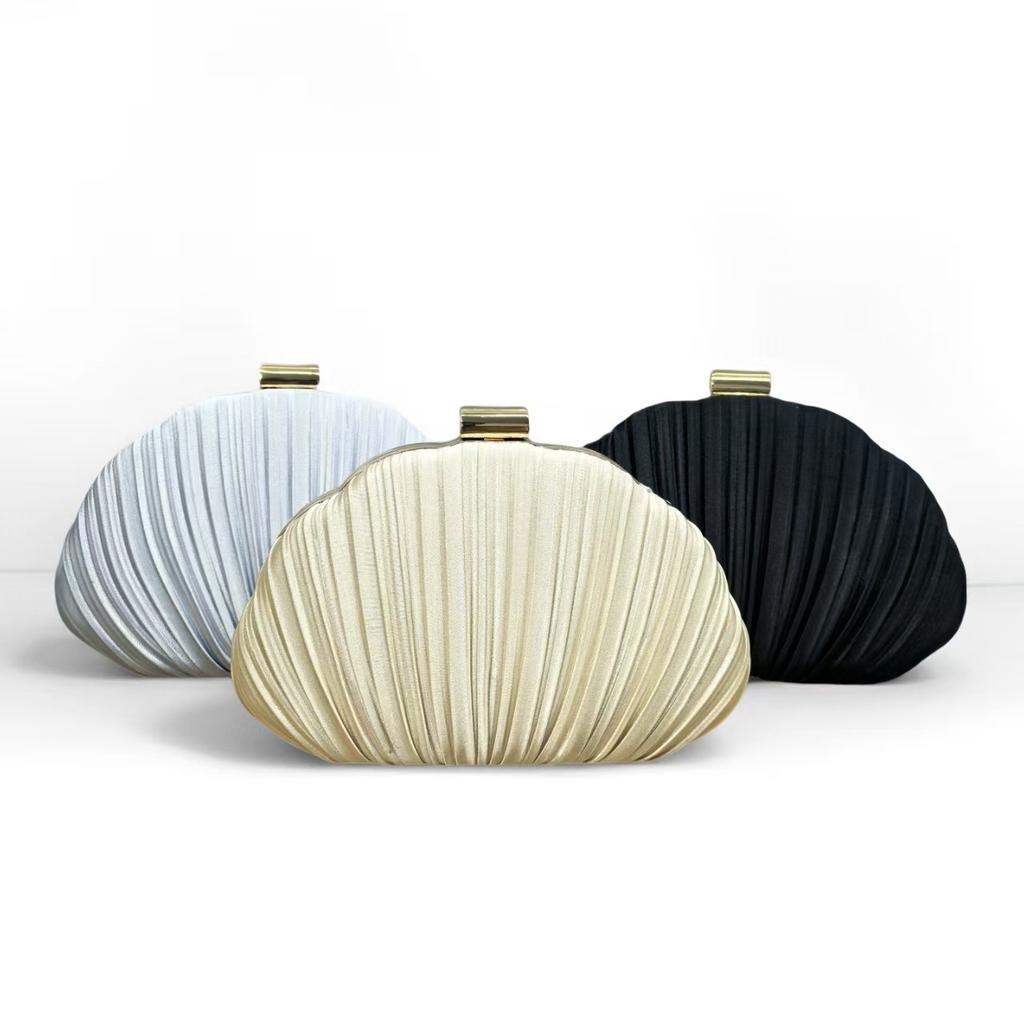 Shell Design Ruched Women Evening Bags Apricot Color Glitter Satin Luxury Party Dress Clutch Bags With Shoulder Chain Messenger